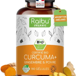Curcuma gingembre poivre noir 4500mg, 180 gélules de curcumine bio - curcuma bio gelule anti inflammatoire, bien-être articulaire, santé du foie, immunité - testé en laboratoire, Raibu